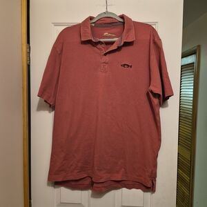 Orvis Men’s Size Large Polo Shirt Salmon Pink 100% Cotton Trout Fish Logo Peru